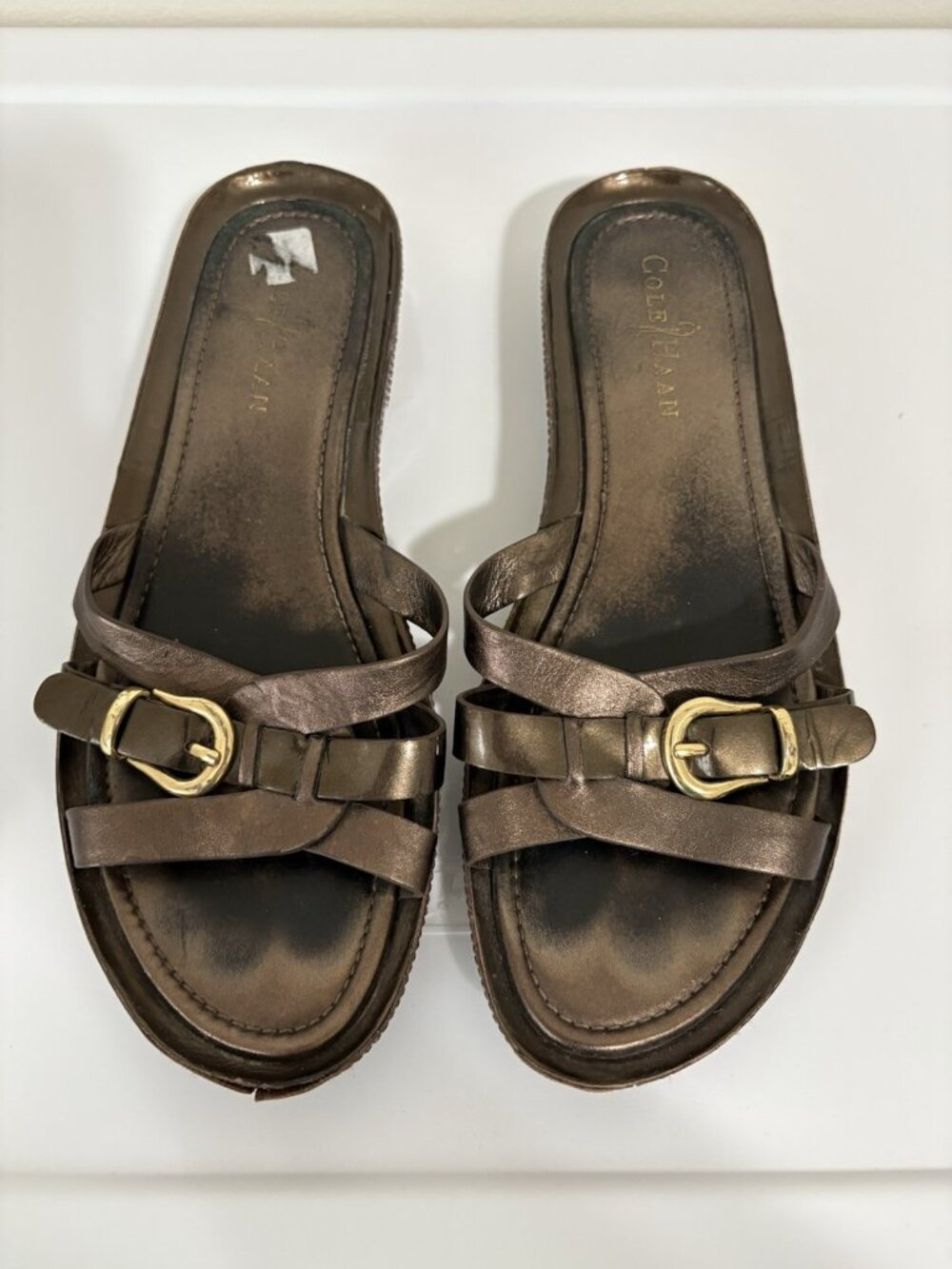 Cole Haan Brown Bronze Leather Slip On Buckle Sandals